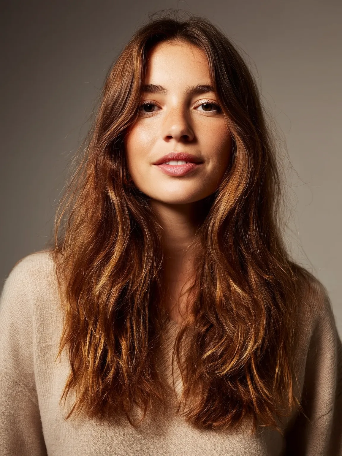 Voluminous Long Layers in Warm Caramel Brown
